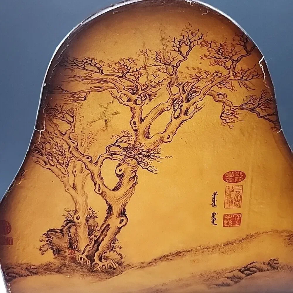 vintage Wooden Wine Caddy With Leather Handle Oriental Tree Art Work Very Unique